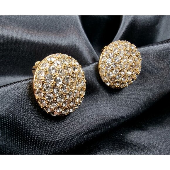 Rare Find Vintage 1980s Nina Ricci Gold-Tone Crystal Pave Round Clip-On Earrings - Picture 2 of 3